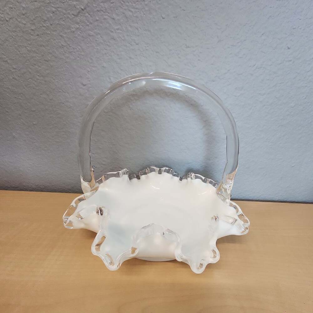 Vintage Fenton Milk Glass Ruffled Edge Basket with Clear Handle - Picture 2 of 4